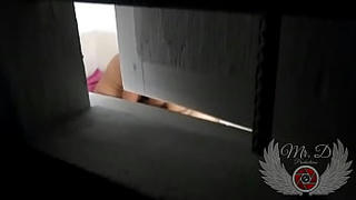 I catch my young and beautiful neighbor having sex at night with her brother who has just arrived from Miami at his parents' house. They almost caught me while spying on them and filming through the window